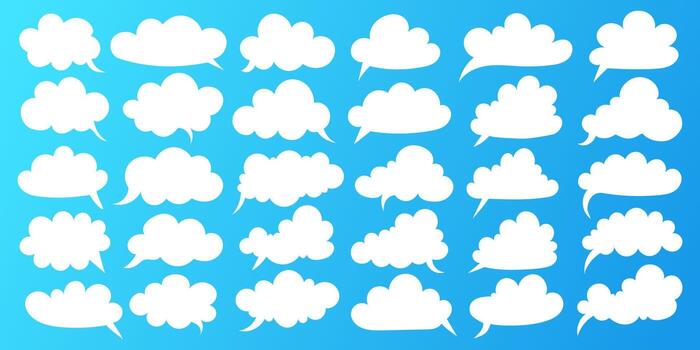 Big set of empty white speech bubbles in cloud shapes and cartoon style. speech bubbles for comic book dialogues, chats, messages, thoughts or pop art design. vector