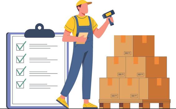 Warehouse worker scanning inventory items vector