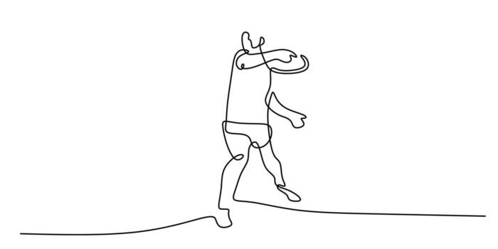 Minimalist one line drawing of a person throwing a frisbee. Continuous single hand drawn object. vector