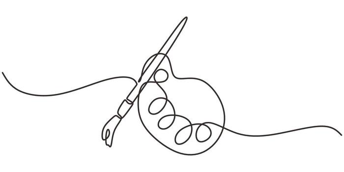 Paintbrush and palette in a continuous line drawing style. vector