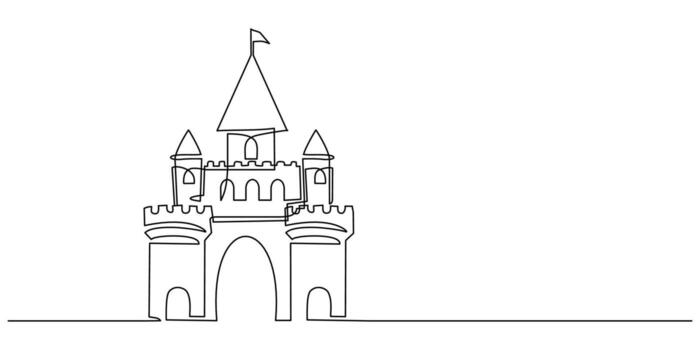Medieval castle in one line drawing. Fairytale architecture building concept. vector