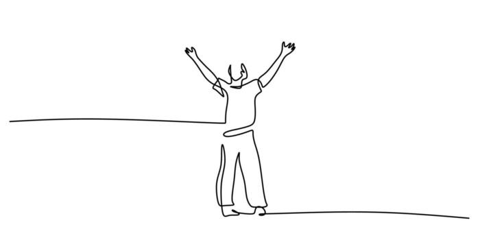 Minimalist illustration, one continuous line drawing of a person standing with arms open wide. vector