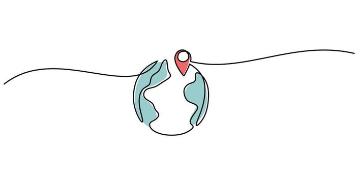 Continuous line drawing of a globe and pin, minimalist for global navigation. vector