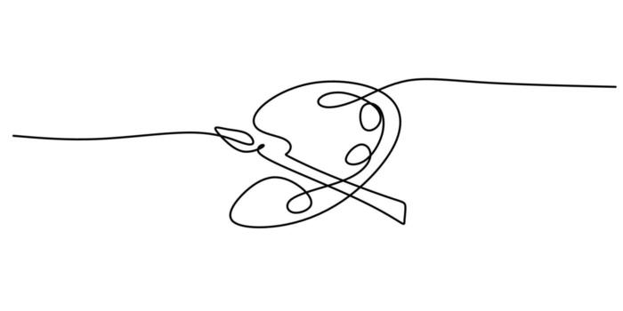 Continuous line drawing of a paintbrush and palette symbolizing imagination and artistic process. vector