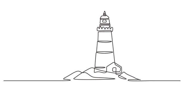Lighthouse near ocean waves. One continuous line drawing for hope, navigation and coastal safety concepts. vector