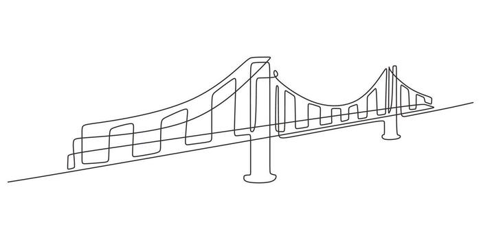 suspensión puente uno línea dibujo, concepto de conexión, progreso, y Ingenieria infraestructura. vector