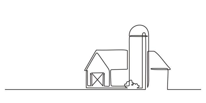 Continuous line drawing of a barn with silo. Minimalist illustration, design element. vector