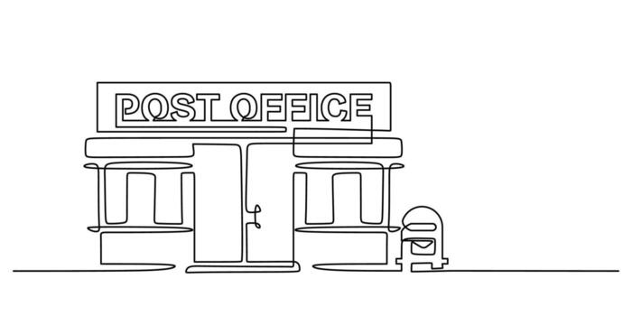 Post office in continuous one line drawing, postal service building for communication and mail symbol. vector