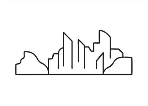 Thin line cityscape illustration featuring urban architecture and skyline elements rendered in a monochrome palette isolated on white background vector
