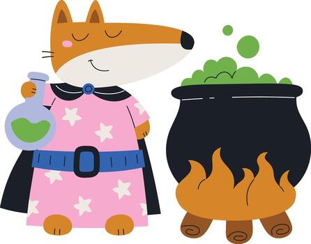 Fox Wizard with Potion and Cauldron vector