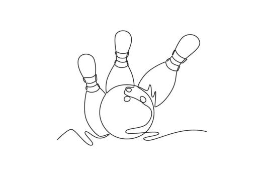 Single continuous line drawing a bowling ball is captured hitting pins. symbolizing impact, power, and the pivotal moment of competitive game. Dynamic one line draw graphic design illustration vector