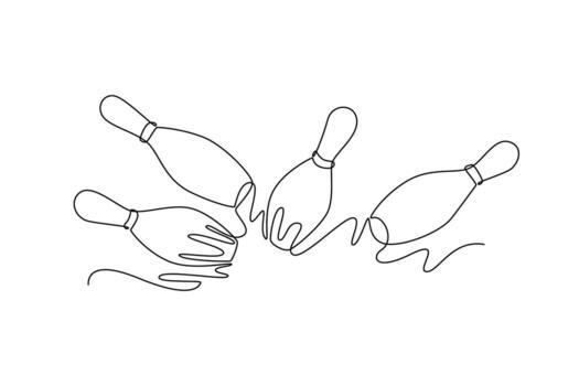 Single continuous line drawing white bowling pins are mid-fall. Symbolizing dynamic action, successful impact, and thrill of a perfect bowling strike. One line draw graphic design illustration vector