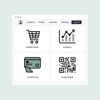 un ligero verde azulado y blanco usuario interfaz exhibiendo compras carro crédito tarjeta analítica y q r código íconos inventario pedidos analítica ajustes Iniciar sesión fuera etiquetas son visible a el parte superior de el vector