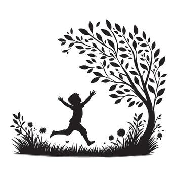 Joyful Child Running Playfully Under Large Tree in Meadow Silhouette Scene vector
