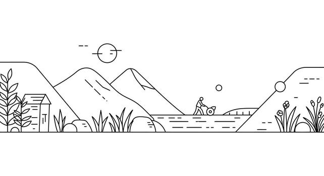 A line drawing of a mountain range with a lake and a house vector