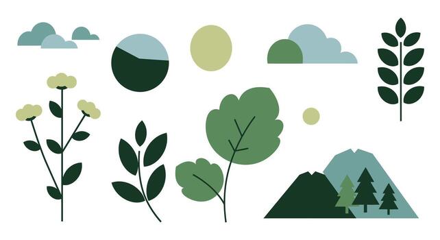 A set of green plants and trees with mountains and clouds vector