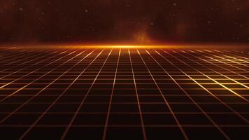 retrò futuristico cyberpunk griglia movimento sfondo con raggiante d'oro leggero travi, particelle e atmosferico nuvole. Questo di moda retrowave animazione è pieno HD e un' senza soluzione di continuità ciclo continuo. video
