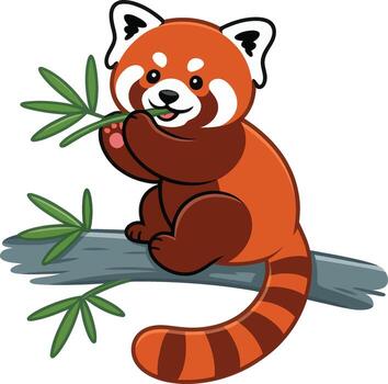 Adorable Red Panda Enjoying Bamboo Leaves on a Tree Branch in a Serene Forest Setting vector