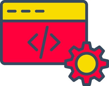 un rojo y amarillo computadora con un engranaje y un código símbolo vector