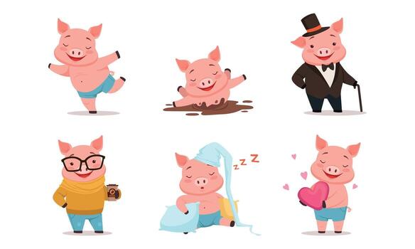 Funny Pig Drinking Coffee, Splashing in Mud and Sleeping on Pillow Set vector