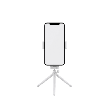 Minimalist display of a smartphone mounted on a compact tripod for modern communication usage png