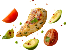 Grilled chicken breast with avocado tomato and spices falling transparent background png