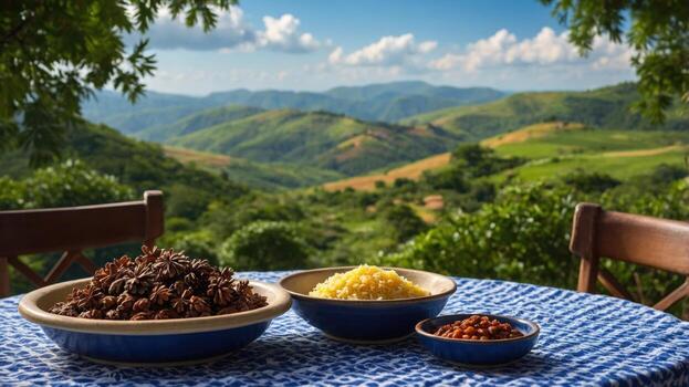 Chocolate and nuts in bowls on a table in front of a mountain view photo
