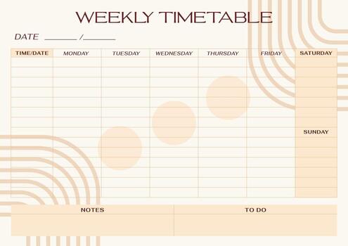 Abstract Boho line weekly timetable schedule planner page template. Horizontal agenda task paper organizer vector