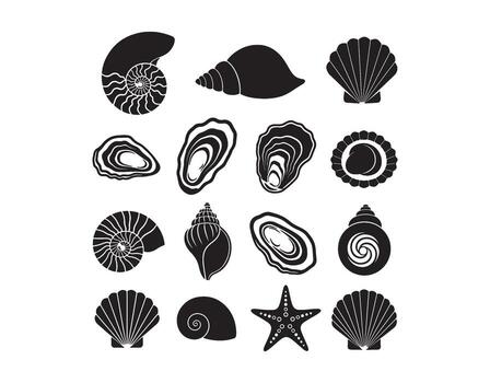 Flat icons of seashells, oysters, and scallops. The illustration features a nautilus, a spiral shell, a starfish, and elements of underwater life, all in a black silhouette. vector