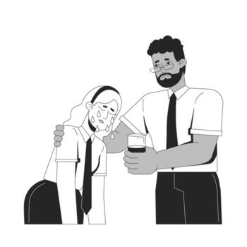 Empathy soft skill in workplace outline illustration. Interpersonal compassion. Black boss offering help, support to colleague 2D line characters isolated on white. Monochrome ink linear image vector