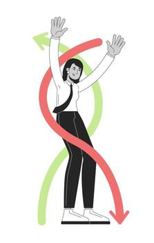Flexibility soft skill in workplace line illustration concept. Adaptive agility. Resilience work. Indian woman employee adaptability outline 2D character isolated. Ink linear metaphor art vector
