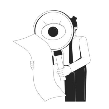 Paying attention to detail soft skill line illustration concept. Monotasking, diligence. Recruitment HR. Data analyst handling task outline 2D character isolated. Ink linear metaphor art vector