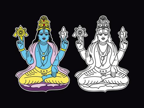 Vishnu with the attributes of a conch and a chakra sits in a lotus position and blesses with a gesture. Indian God. Color sticker and black and white contour drawing. vector