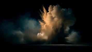 damm explosion med smuts moln och partiklar i mörk bakgrund skapande dramatisk effekt med tät rök och ljus ljus kontrast på natt video