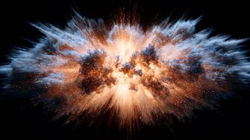 High energy explosion with bright orange fire and thick smoke bursting outward in powerful and dynamic burst of intense energy and fire video
