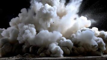 Powerful large scale explosion with thick dirt, dust, and smoke clouds creating dramatic impact and dynamic energy in dark background scene video