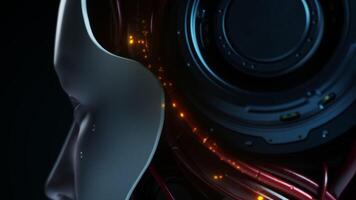 el cara de un robot es mostrado con alambres y un altavoz video