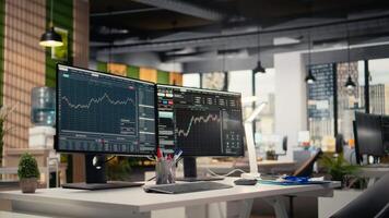 Stock exchange metrics insights displayed on computer screens in hedge fund business office. PC monitors on desk with financial software interface visible in forex company workspace video