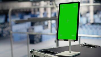 data Centrum arbetare övervaka ai processer med isolerat skärm läsplatta, granskning metrik. ingenjörer använda sig av krom nyckel enhet till recension artificiell intelligens rapporter under inspektion, kamera b video