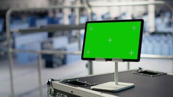 stänga upp av grön skärm läsplatta i främre av data Centrum ingenjörer förbättra ai riggar. server nav kollegor klara av redskap använder sig av attrapp enhet till Stöd artificiell intelligens arbetsbelastning, kamera b video