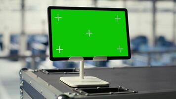 cerca arriba de verde pantalla Bosquejo tableta en servidor cubo con hardware secundario tecnología servicios. croma llave aislado pantalla dispositivo en datos centrar almacenamiento y Procesando vasto conjuntos de datos, panorámica Disparo video