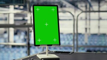 cerca arriba Disparo de verde pantalla tableta en datos centrar con avanzado tecnología cargas de trabajo Bosquejo croma llave dispositivo en servidor granja con alto tecnología infraestructura, panorámica Disparo video