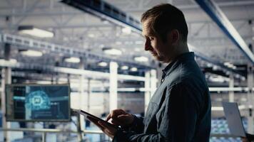 data Centrum programvara utvecklare undersöka neuralt nät konfiguration, framställning justeringar till säkerställa optimal fungera. server bruka arbetare använda sig av läsplatta till kolla upp djup inlärning fel rapporter, kamera b video