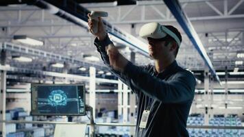 datos centrar empleado cheque ai tablero utilizando vr auriculares durante sistemas revisar. servidor cubo trabajador utilizando virtual realidad tecnología a prueba artificial inteligencia herramientas para de confianza actuación, cámara si video