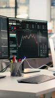 vertikal dator skärmar visning stock marknadsföra diagram i Proprietär fast kontor. mäkleri företag arbetsyta skrivbord uppstart Begagnade för stock utbyta analys och strategi planera video
