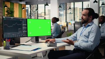 Investment consultant talking with clients during teleconference meeting using isolated screen PC. Financial advisor using mockup computer to participate in online videocall, camera A video