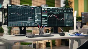Stock exchange metrics charts displayed on computer screens in investment firm office. Workstation in forex company workspace with live financial data visible on PC monitors video