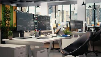 comercio software en propiedad firma oficina con candelero gráficos en ordenador personal pantallas escritorio ordenadores en escritorio usado por financiero expertos rastreo valores mercado actividad utilizando analítico herramientas video