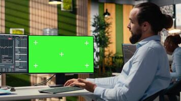 Investment consultant talking with clients during teleconference meeting using isolated screen PC. Financial advisor using mockup computer to participate in online videocall, camera B video