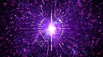 Sombrio roxa colorida abstrato fundo com brilhante cintilante partículas e pontos do luz criando uma lindo bokeh efeito. brilhante explosão do partículas. desatado looping 4k . video